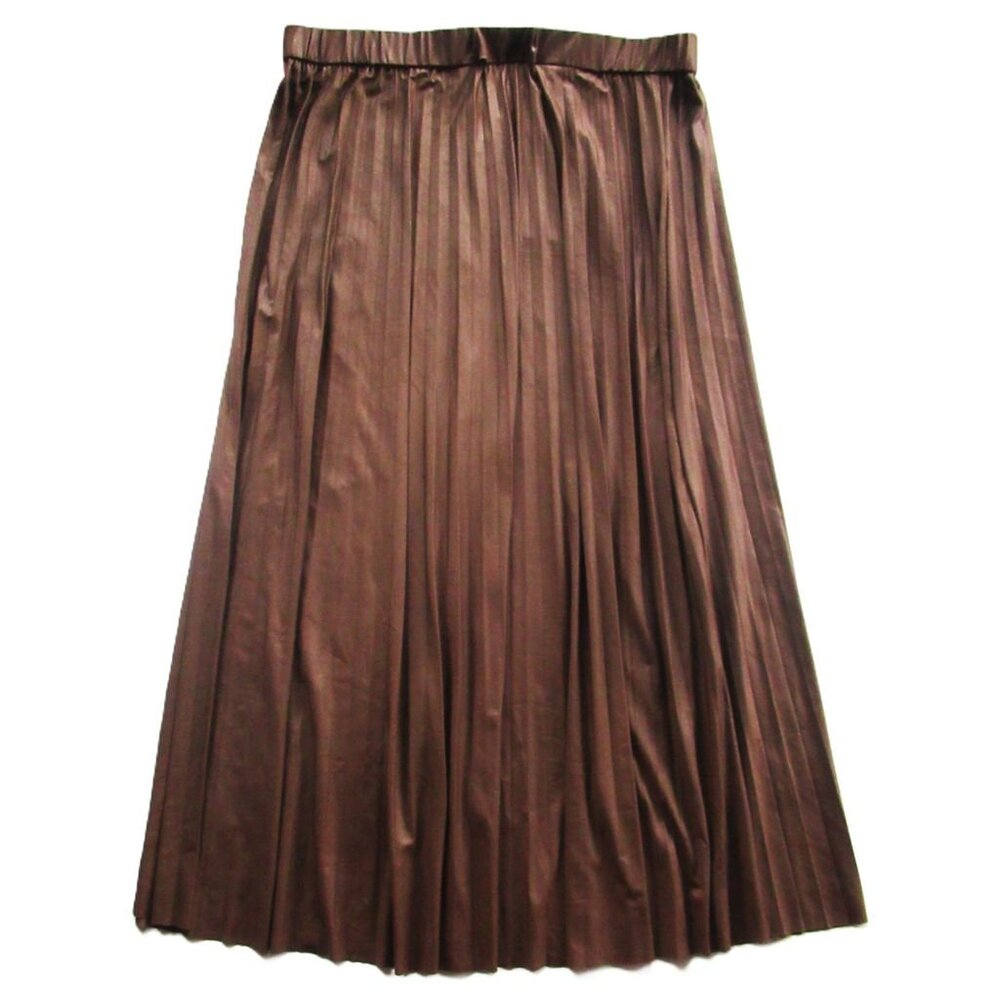Mark New York Women Skirt Pleated Brown Faux Leather-Look Stretch Long Wide NWT
